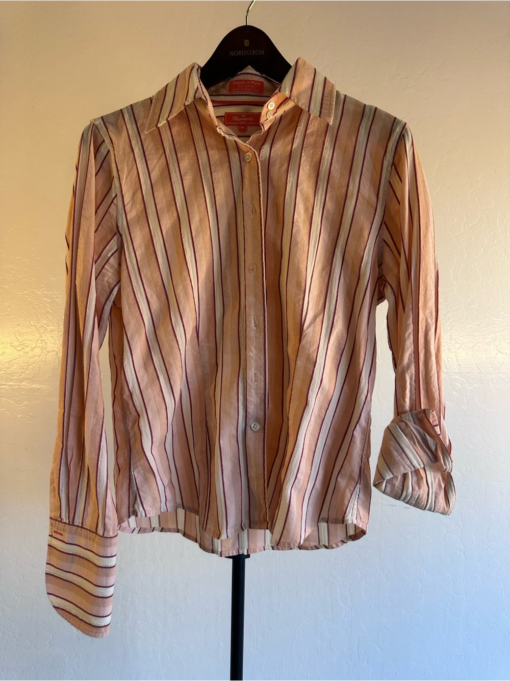 Faconnable Pink and Cream Striped Casual Button-Down Shirt